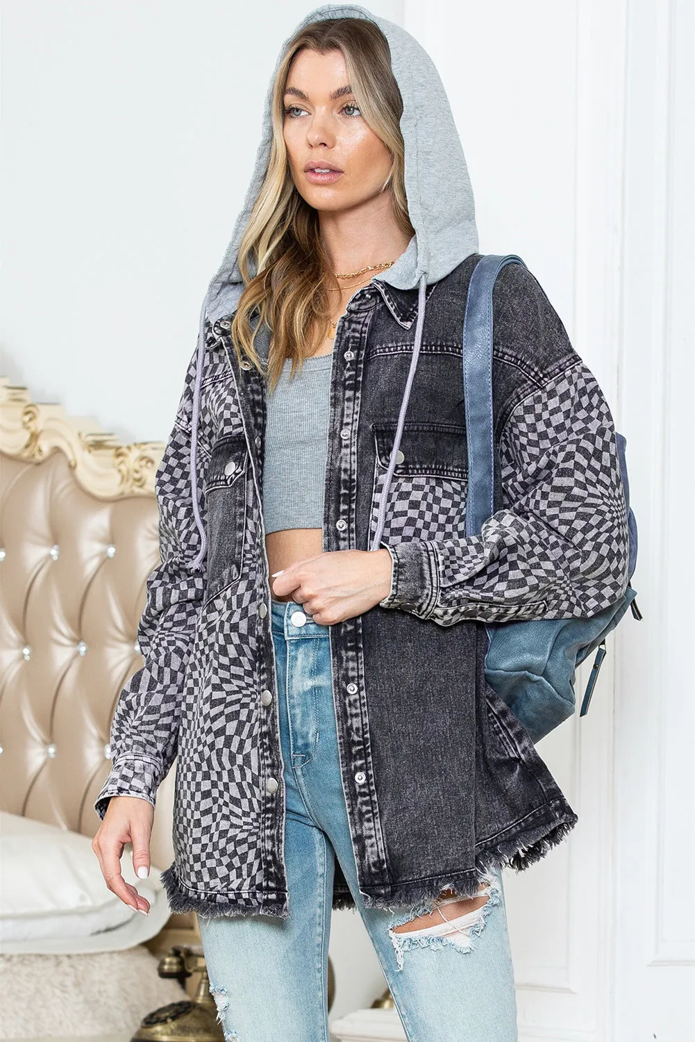 Wholesale Gray Checked Patchwork Raw Hem Hooded Denim Jacket