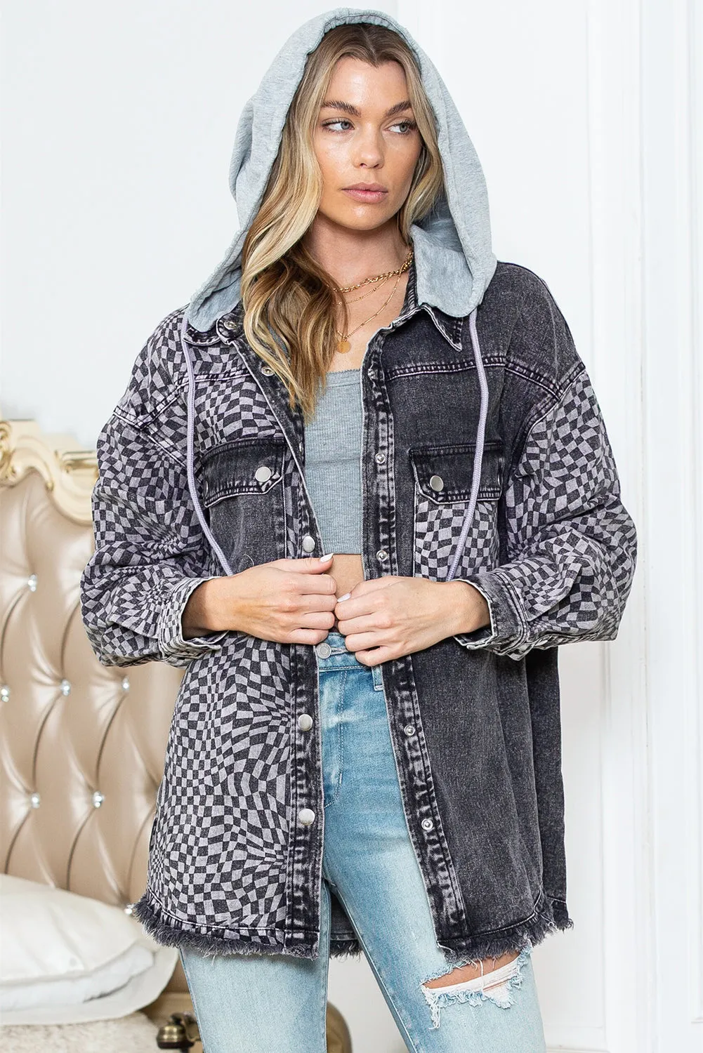 Wholesale Gray Checked Patchwork Raw Hem Hooded Denim Jacket