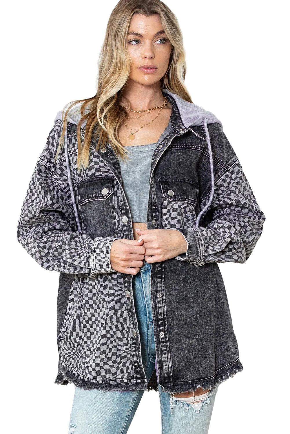 Wholesale Gray Checked Patchwork Raw Hem Hooded Denim Jacket