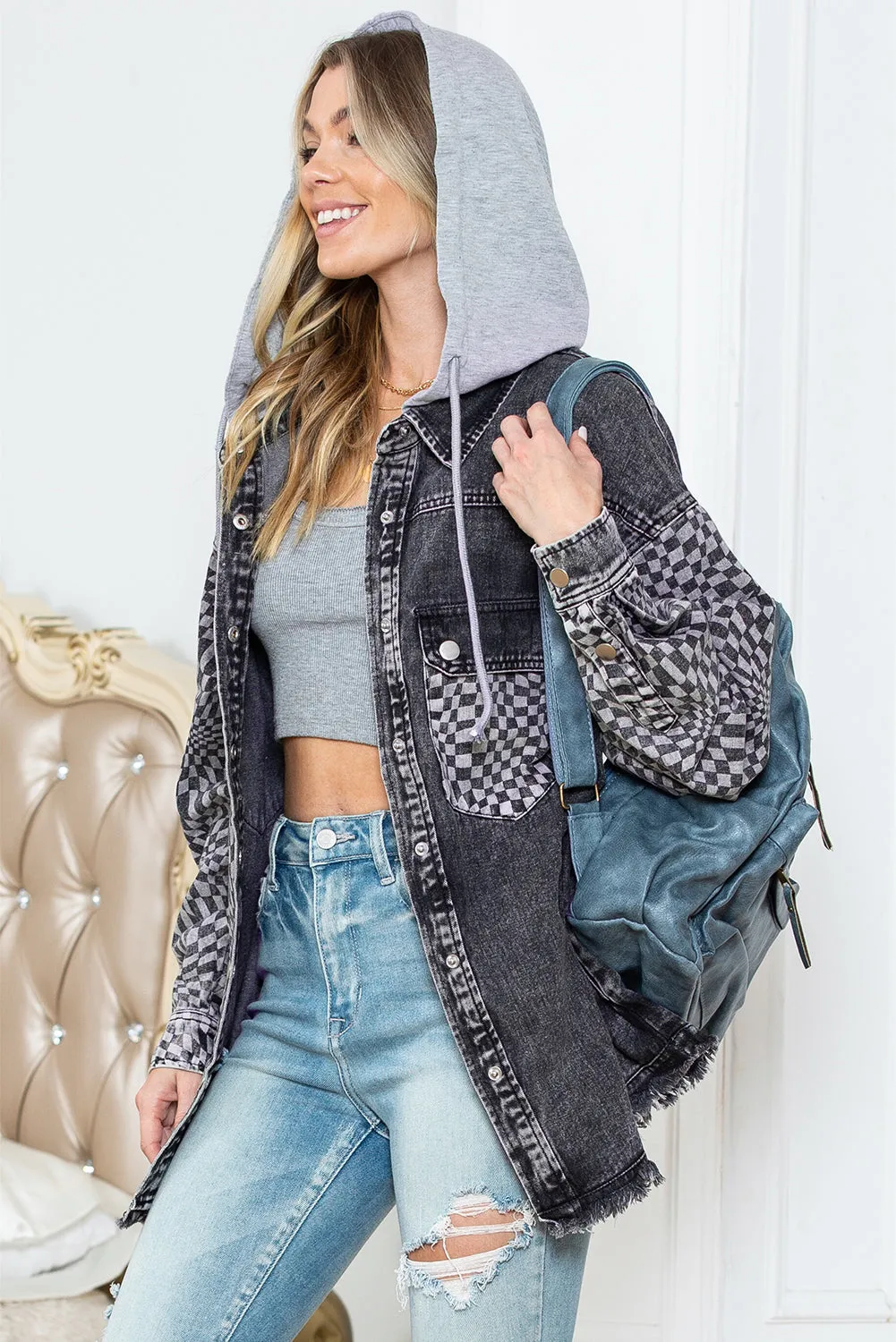 Wholesale Gray Checked Patchwork Raw Hem Hooded Denim Jacket