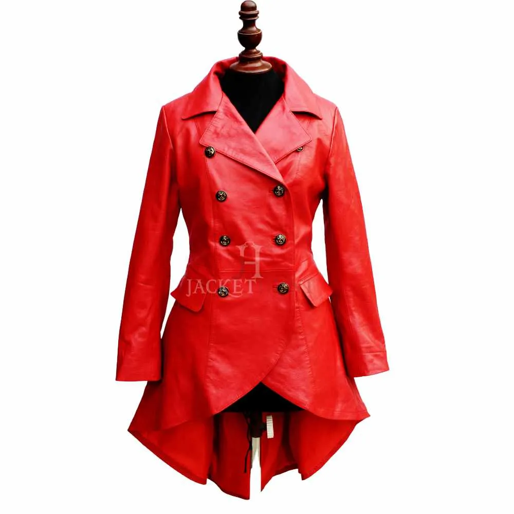 Women Double Breast Military Red Leather Coat