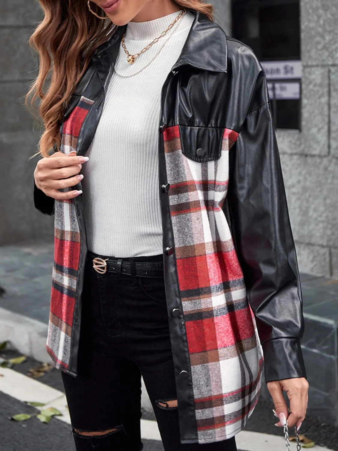 Women's Plaid Pleather Button-Up Dropped Shoulder Jacket