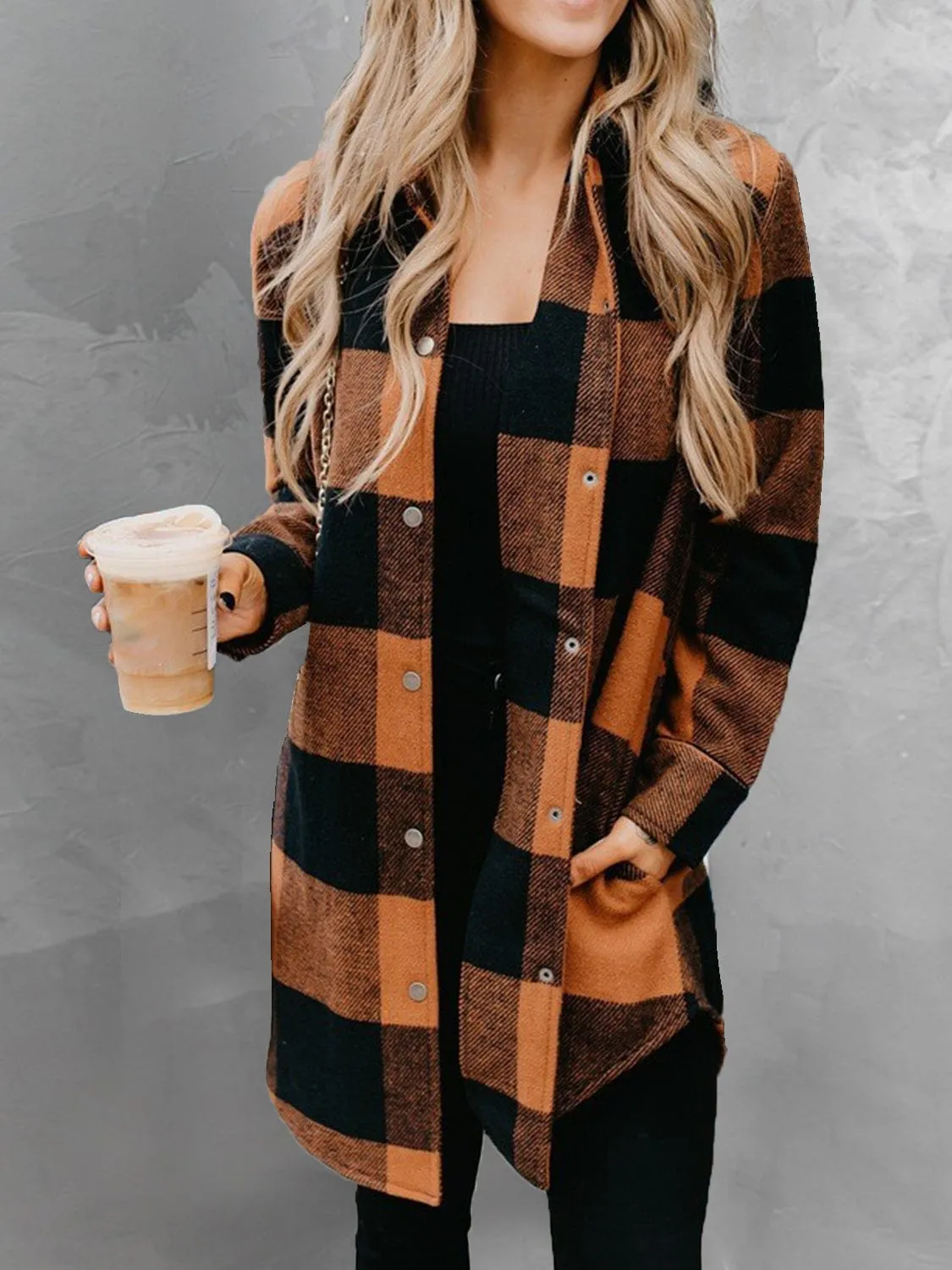 Women's Plaid Snap Down Long Sleeve Jacket