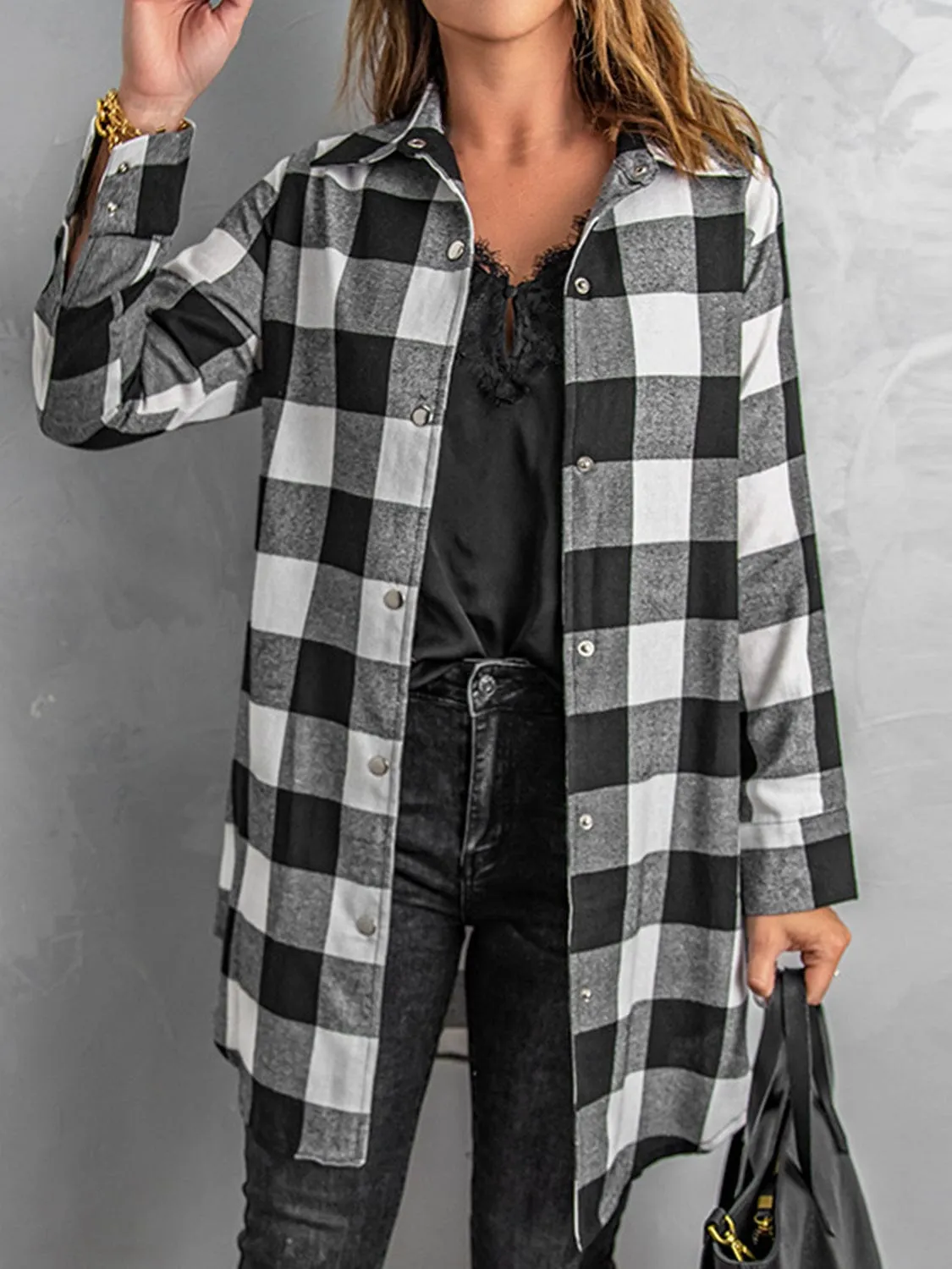 Women's Plaid Snap Down Long Sleeve Jacket