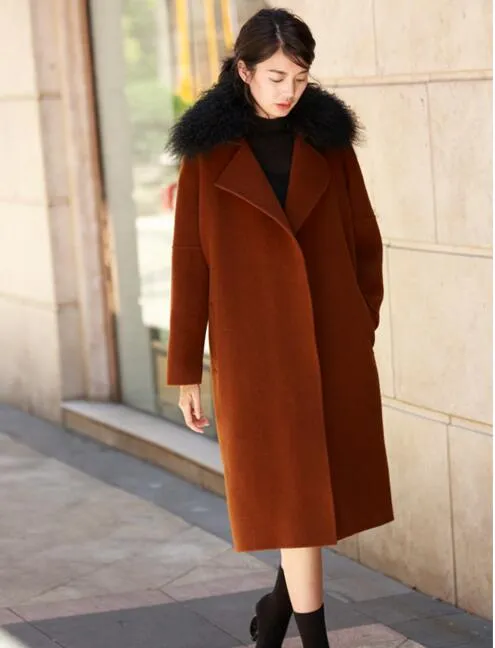 Wool Fur Collar Long Wool Coat Double Face Woolen Coat/8800