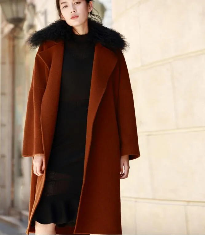 Wool Fur Collar Long Wool Coat Double Face Woolen Coat/8800