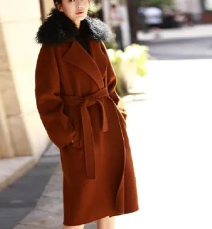 Wool Fur Collar Long Wool Coat Double Face Woolen Coat/8800