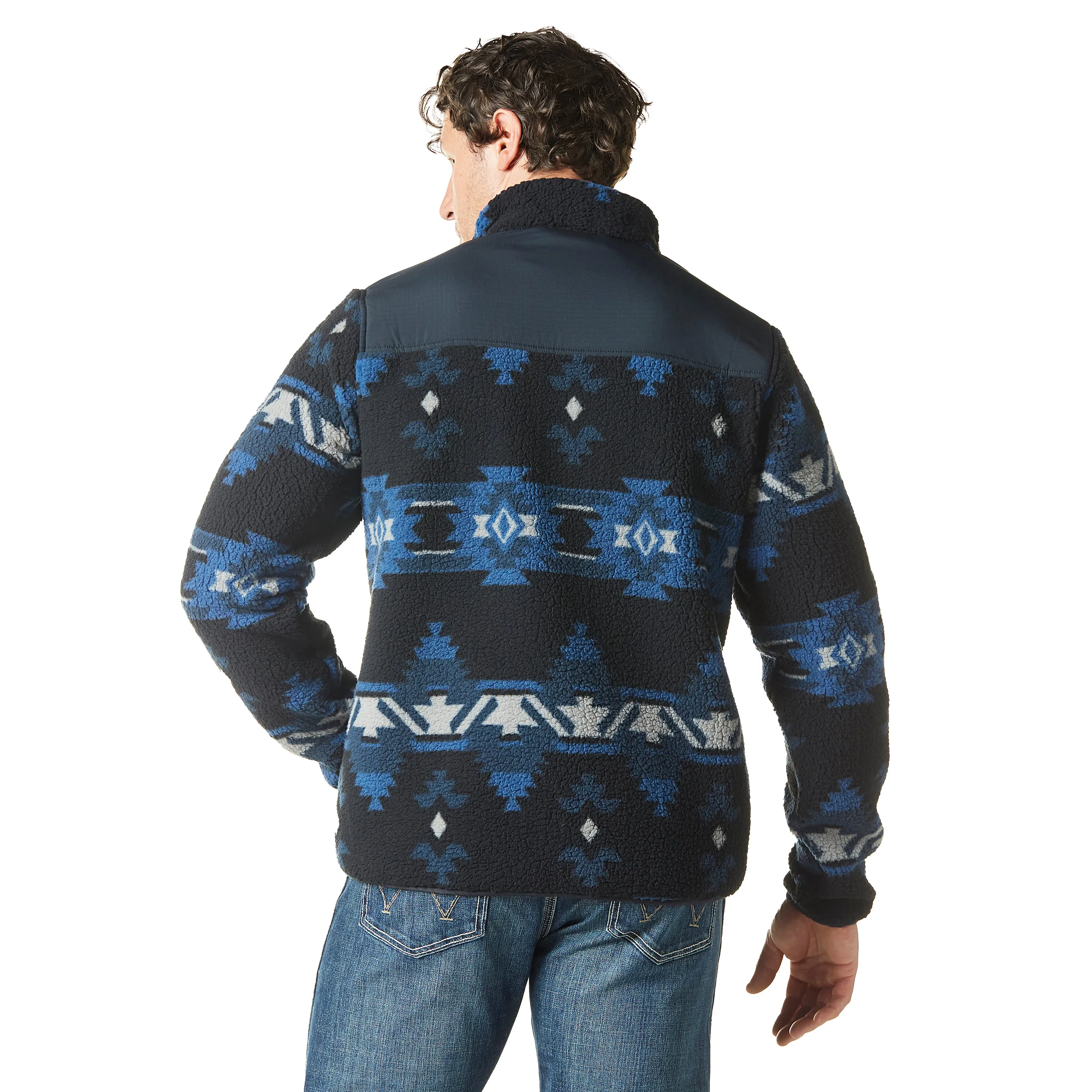 Wrangler Men's Blue Aztec Print Zip Front Lighweight Sherpa Jacket with Ripstop Yoke