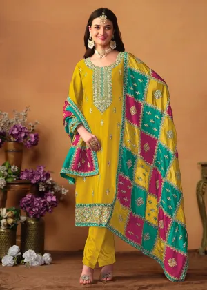 Yellow Chinnon Silk Salwar Suit with Multicolor Dupatta