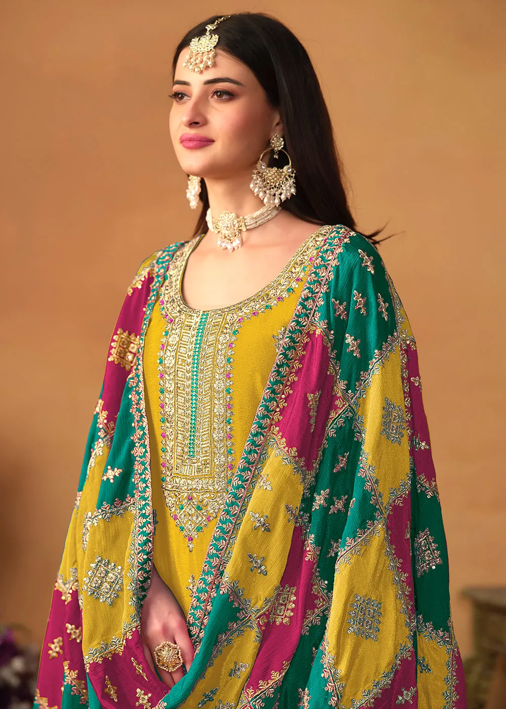 Yellow Chinnon Silk Salwar Suit with Multicolor Dupatta