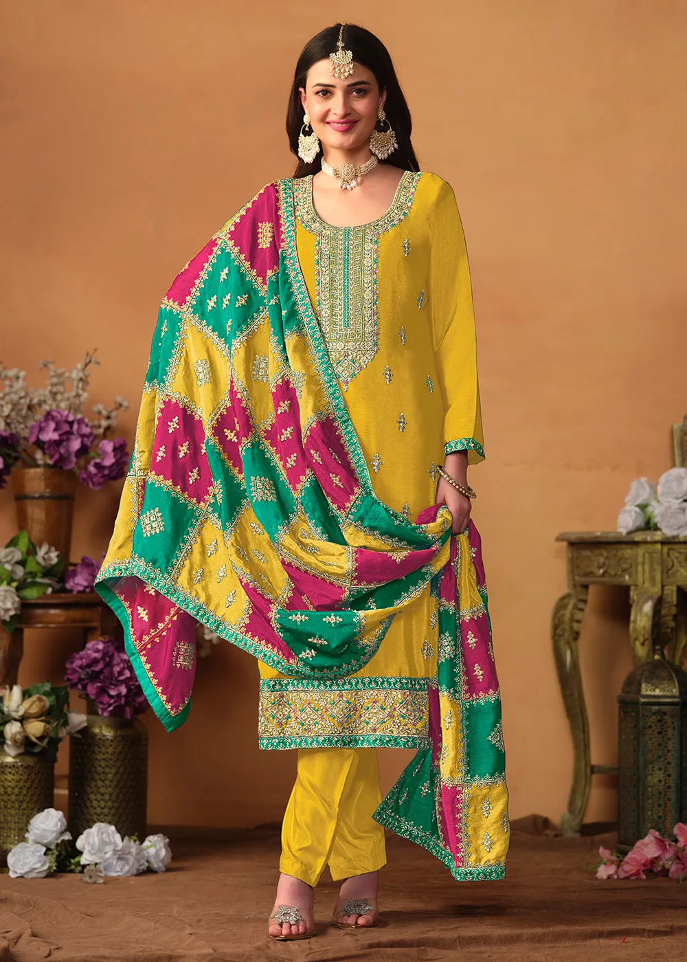 Yellow Chinnon Silk Salwar Suit with Multicolor Dupatta