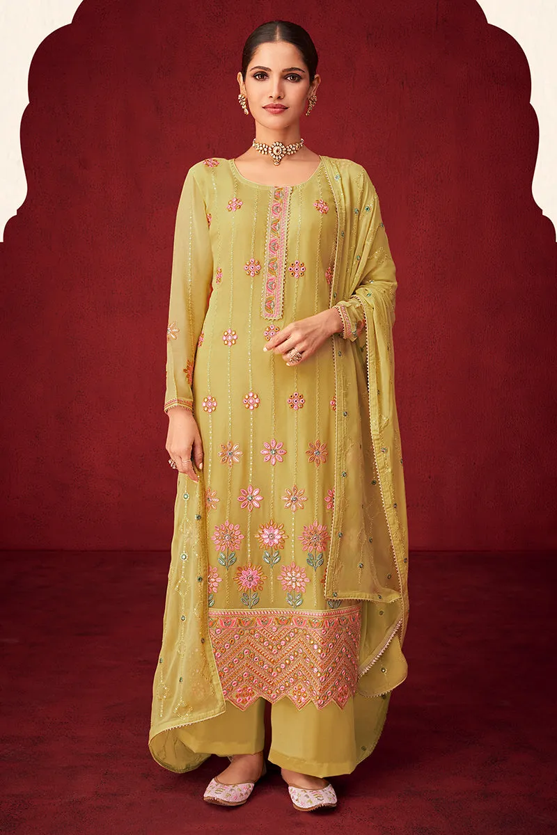 Yellow Sequins & Thread Embroidered Georgette Salwar Suit