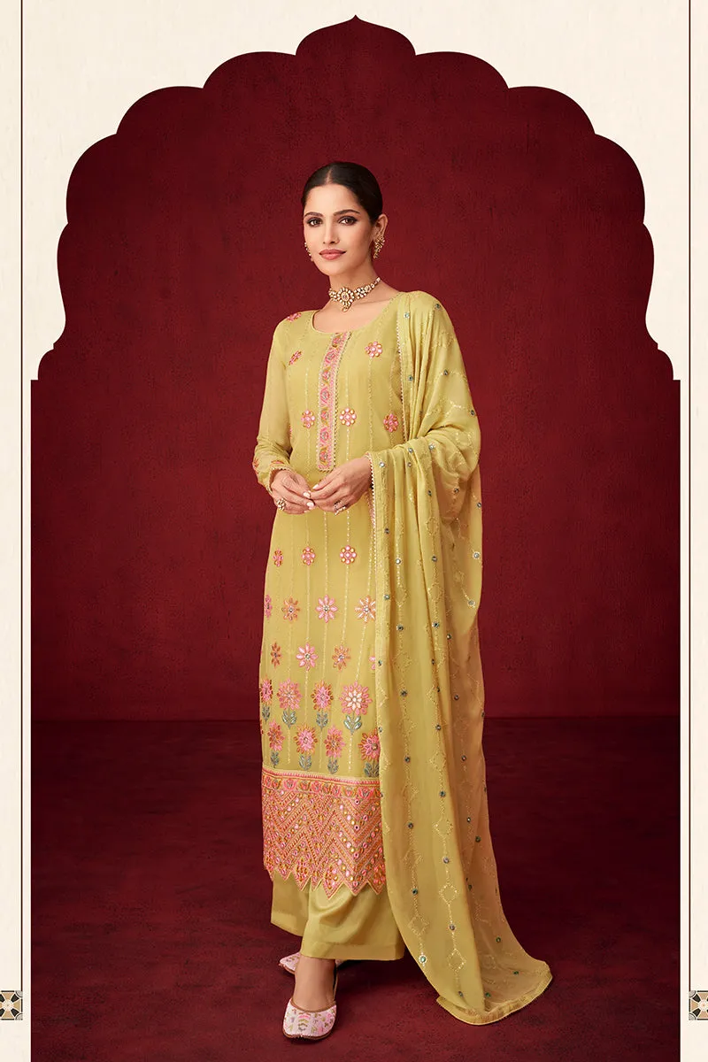 Yellow Sequins & Thread Embroidered Georgette Salwar Suit