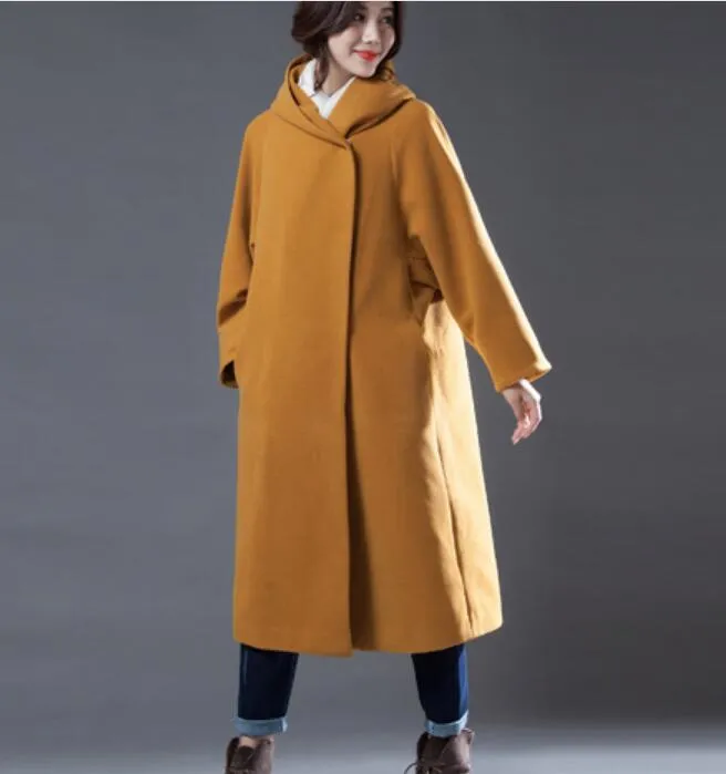 Yellow Women Double Breasted Coat Handmade Long loose Women Wool Coat Jacket